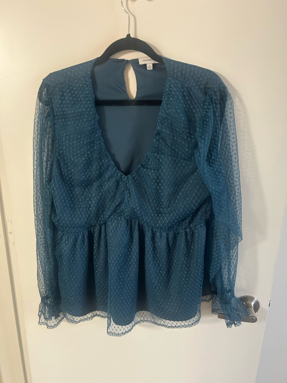 Teal Long-Sleeve Mesh Peplum Top - Size XL